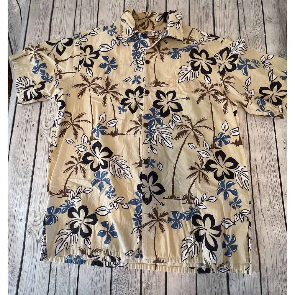 Go Barefoot Hawaiian Tradition Full Button Up Shirt XL Tall Tan Beachy Floral